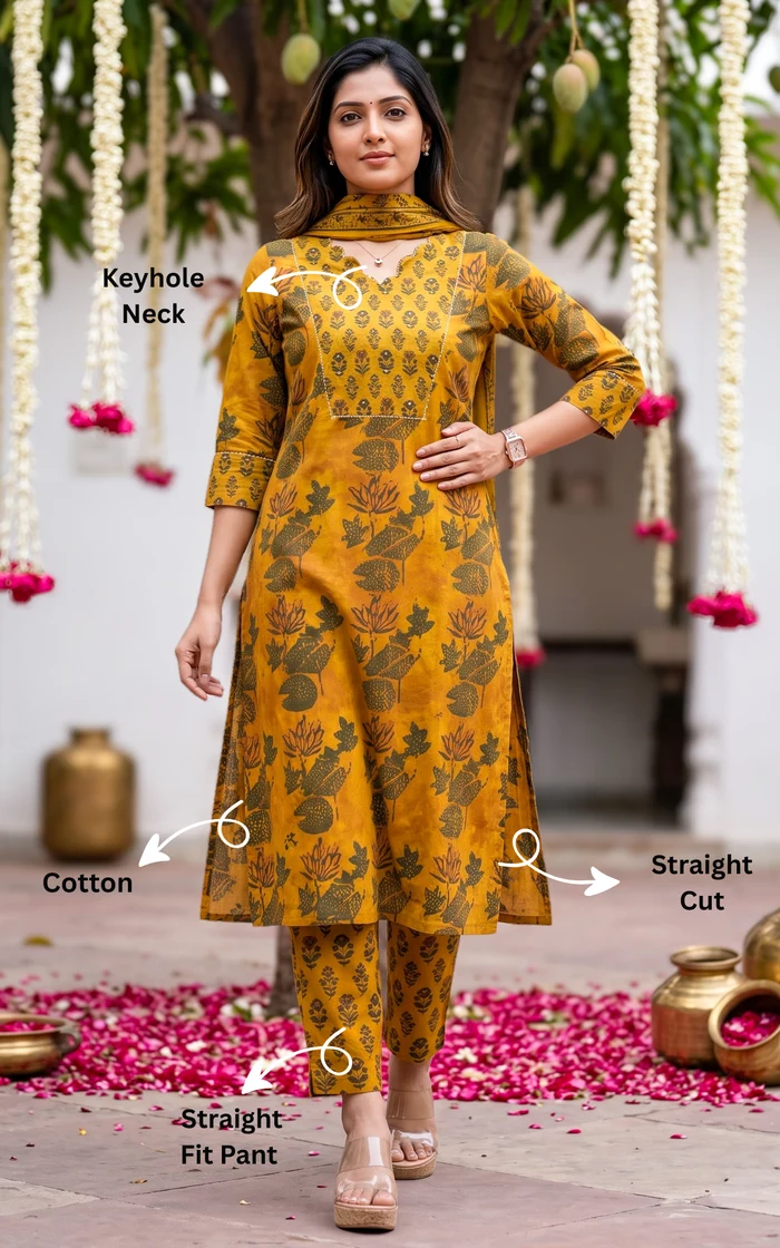 Mustard Yellow Floral Printed Straight Salwar set